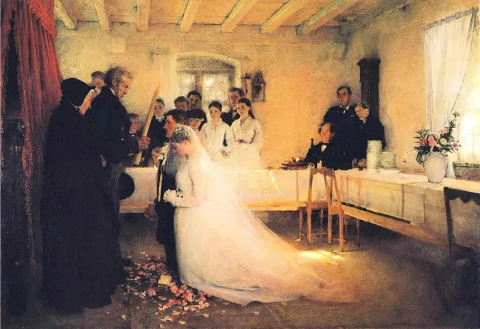 painting of wedding ceremony in house