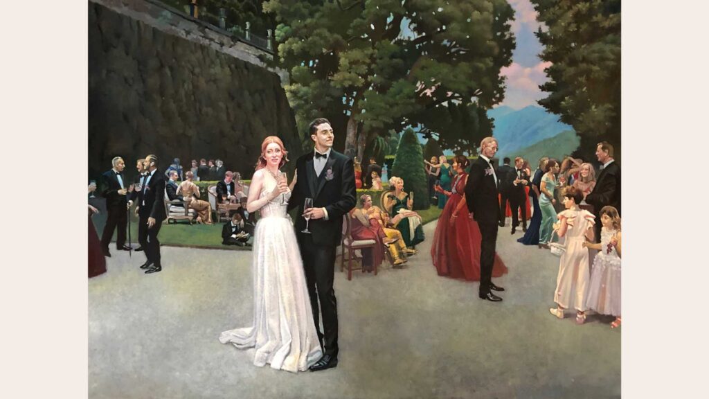 Event Painting at Villa Pizzo wedding aperitif on Lake Como. Bride and Groom in Italy luxury destination wedding.